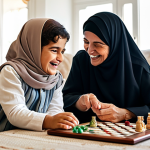 **

"A warm, inviting family home in a modern Arabic style, sunlight streaming through the windows. An elderly woman, fully clothed in a traditional abaya, is laughing with her adult daughter and grandson while they play a board game. Focus on the loving interaction and sense of peace. Safe for work, appropriate content, family-friendly, professional photography, natural pose, well-formed hands, perfect anatomy, modest clothing."

**