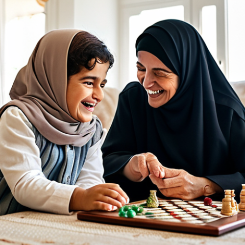 **

"A warm, inviting family home in a modern Arabic style, sunlight streaming through the windows. An elderly woman, fully clothed in a traditional abaya, is laughing with her adult daughter and grandson while they play a board game. Focus on the loving interaction and sense of peace. Safe for work, appropriate content, family-friendly, professional photography, natural pose, well-formed hands, perfect anatomy, modest clothing."

**