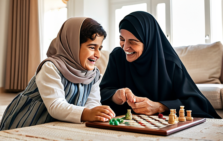 **

"A warm, inviting family home in a modern Arabic style, sunlight streaming through the windows. An elderly woman, fully clothed in a traditional abaya, is laughing with her adult daughter and grandson while they play a board game. Focus on the loving interaction and sense of peace. Safe for work, appropriate content, family-friendly, professional photography, natural pose, well-formed hands, perfect anatomy, modest clothing."

**